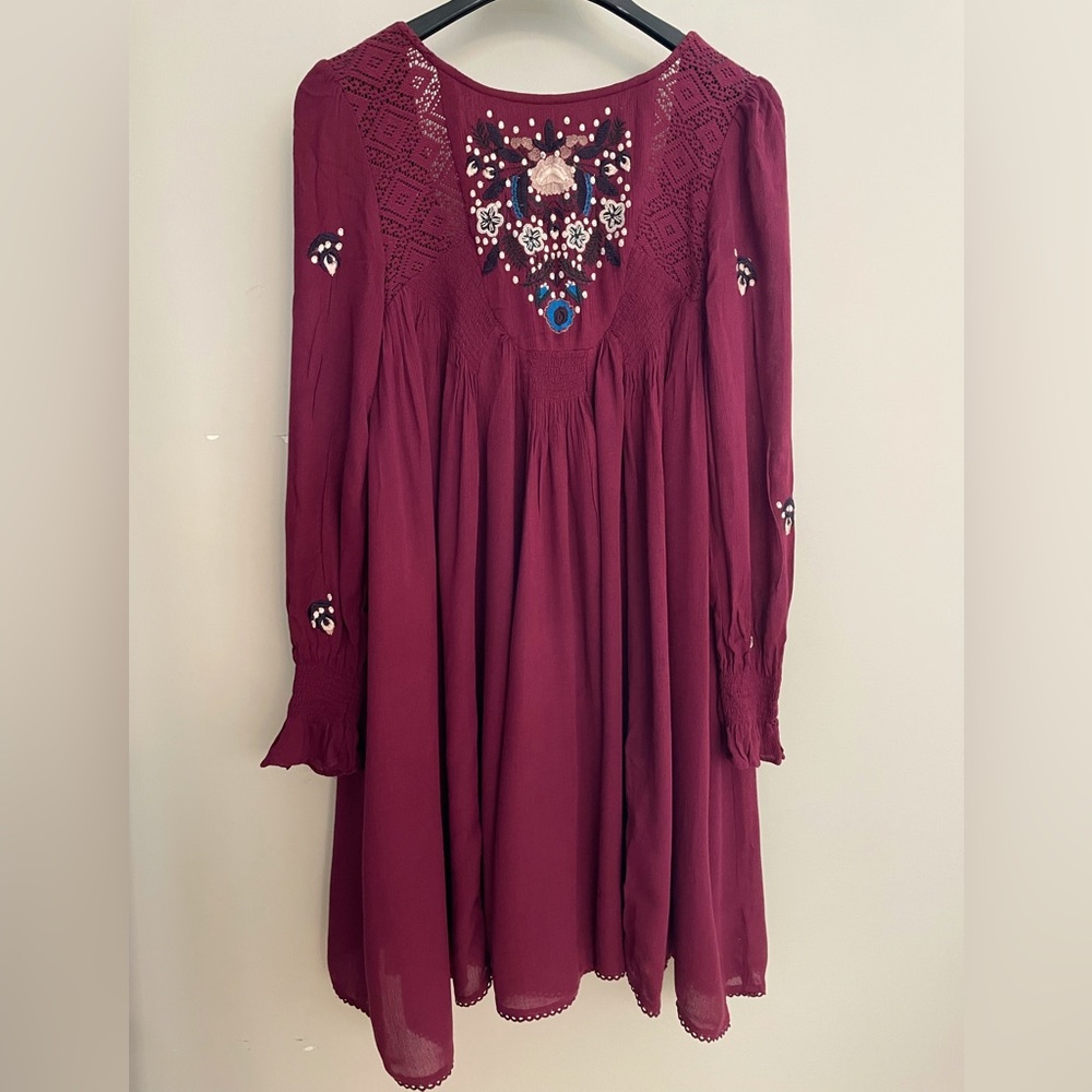 Free People Burgundy Embroidered Dress
